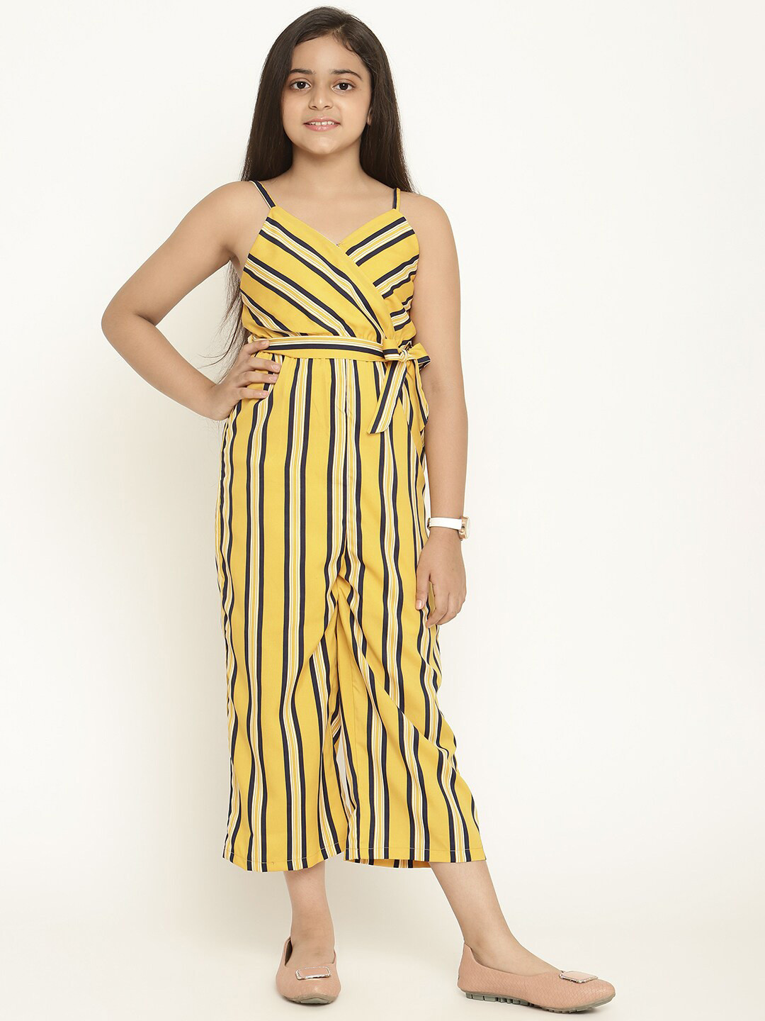 Stuffie Land Girls Striped Shoulder Straps Waist Tie-Ups Basic Jumpsuit