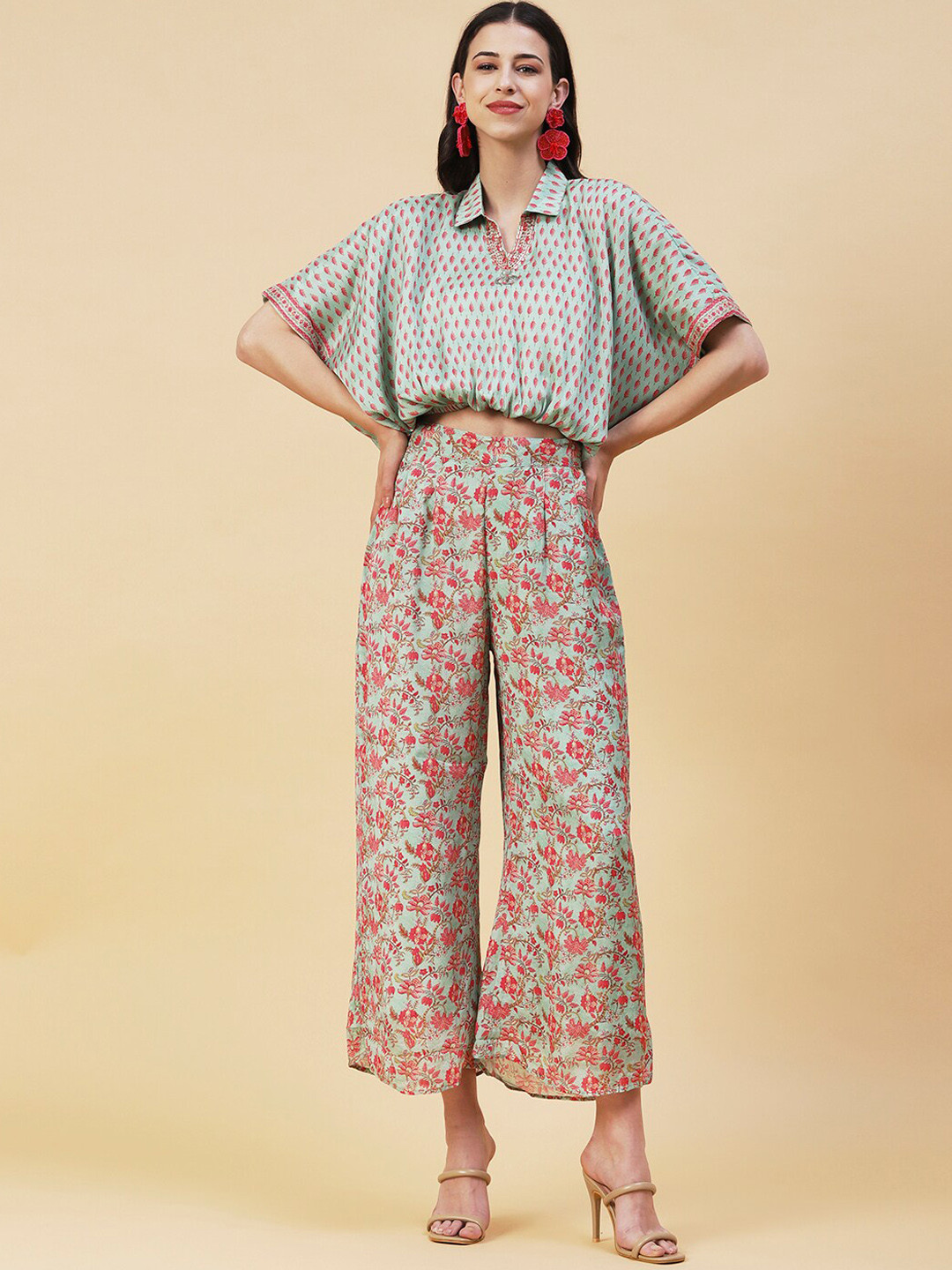 FASHOR Women Printed Kaftan Crop Top with Palazzo Co-Ords Set