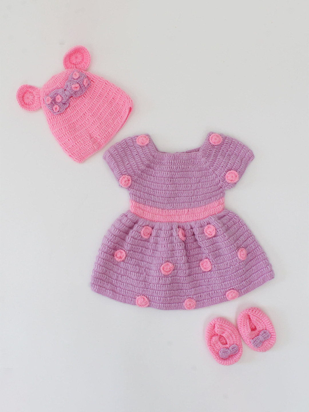 Woonie Girls Polka Dot Self Design Acrylic Fit and Flare Dress With Cap & Booties-Purple