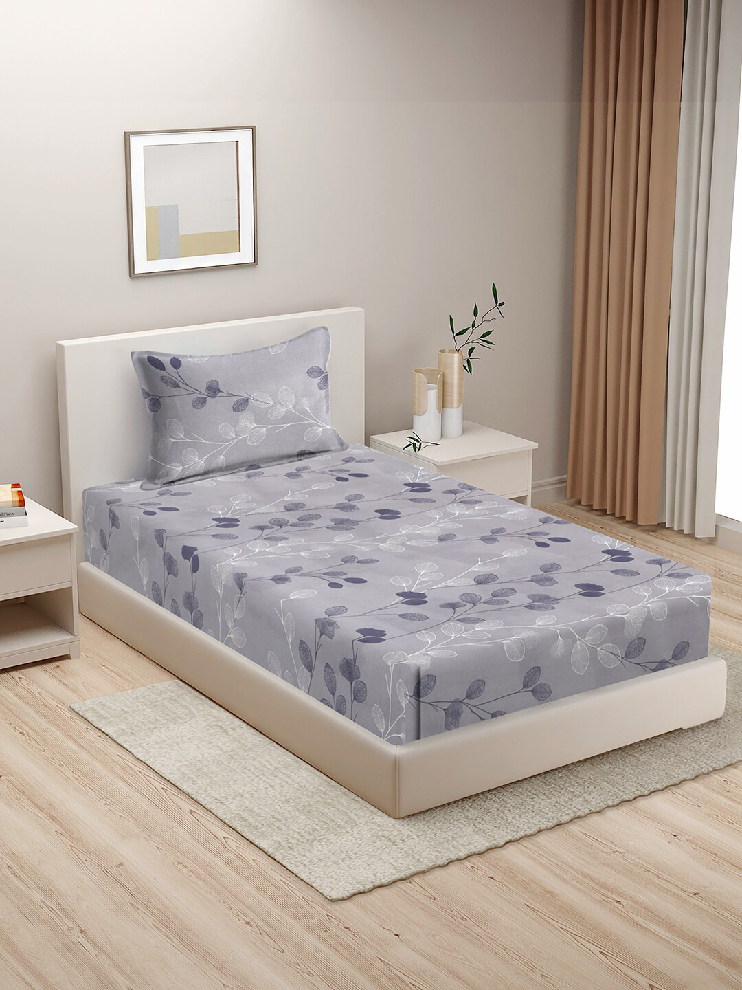 HOSTA HOMES Grey Leaf Polycotton 210 TC Single Fine Bedsheet with a Pillow Cover-60 x 90 inches