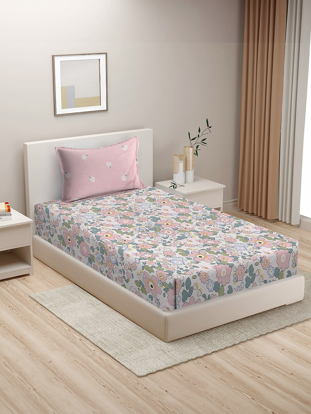 HOSTA HOMES Pink Floral Cotton 210 TC Single Fine Bedsheet with a Pillow Cover-60 x 90 inches
