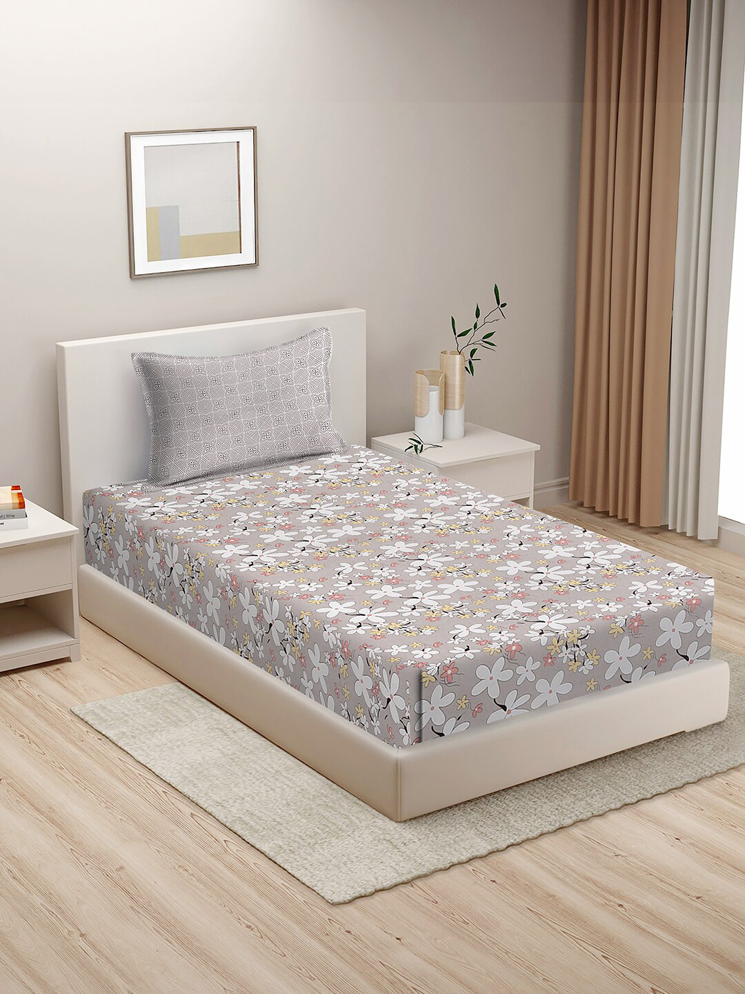 HOSTA HOMES Royal Majestic Grey Floral Polycotton 210 TC Single Fine Bedsheet with a Pillow Cover-60 x 90 inches