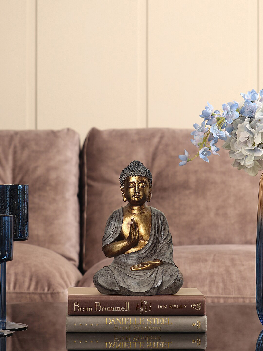 Pure Home and Living Sitting Buddha Gold Polyresin Natural Living Room Medium Showpiece - 9.8 Inches