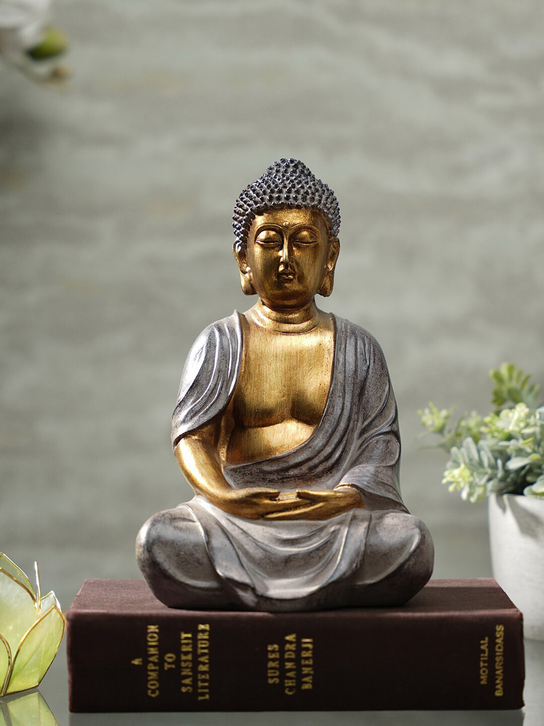 Pure Home and Living Meditating Buddha Gold Polyresin Natural Home Office Medium Showpiece - 9.8 Inches