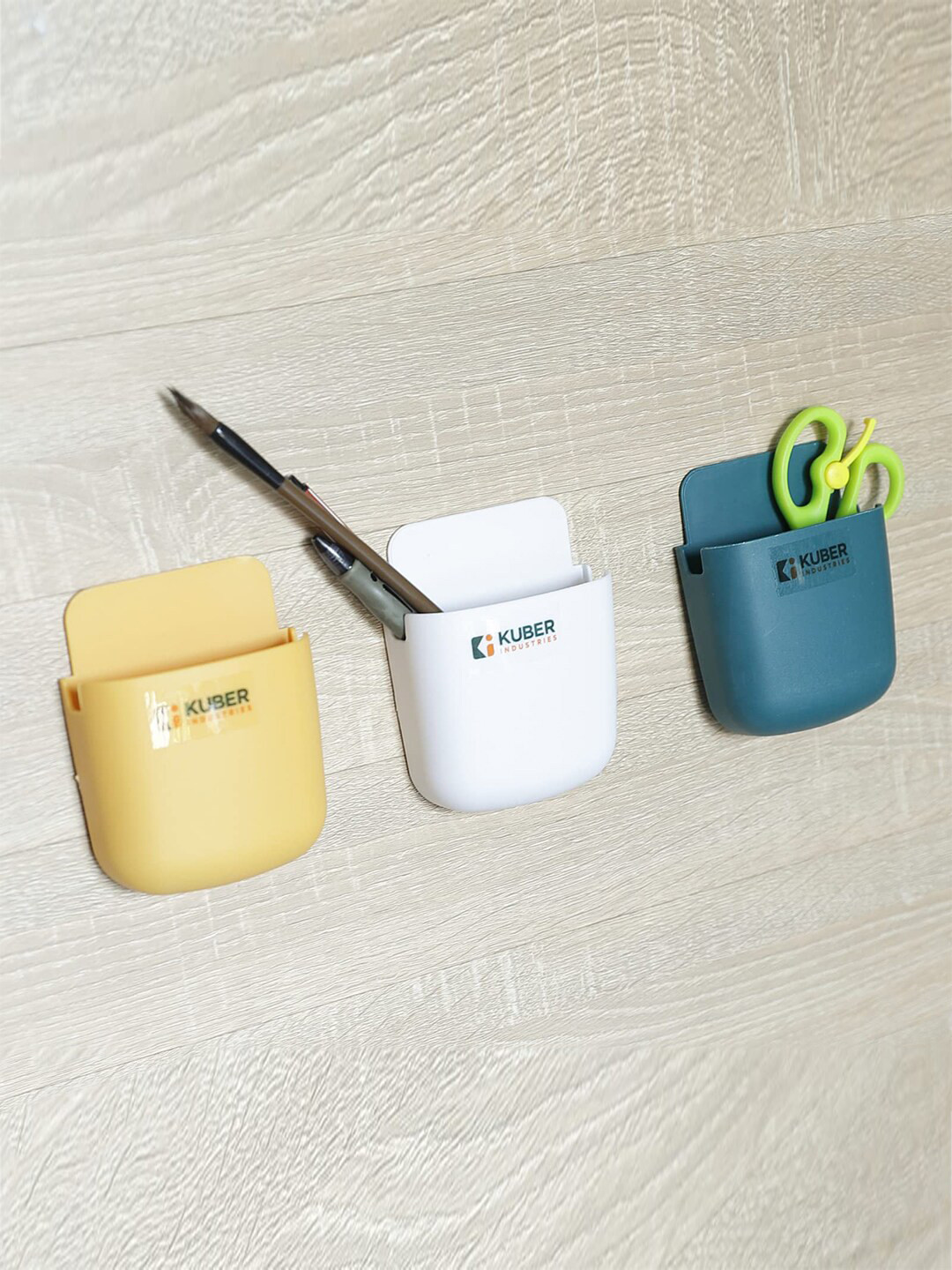 Kuber Industries Yellow & White 3 Pcs Wall Mounted Remote & Phone Holder