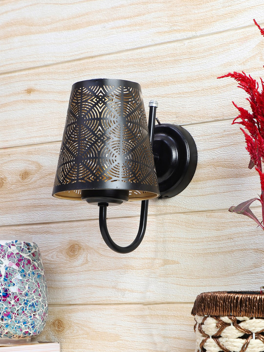 Devansh Black Textured Etched Round Wall mounted Lamp With Iron Base