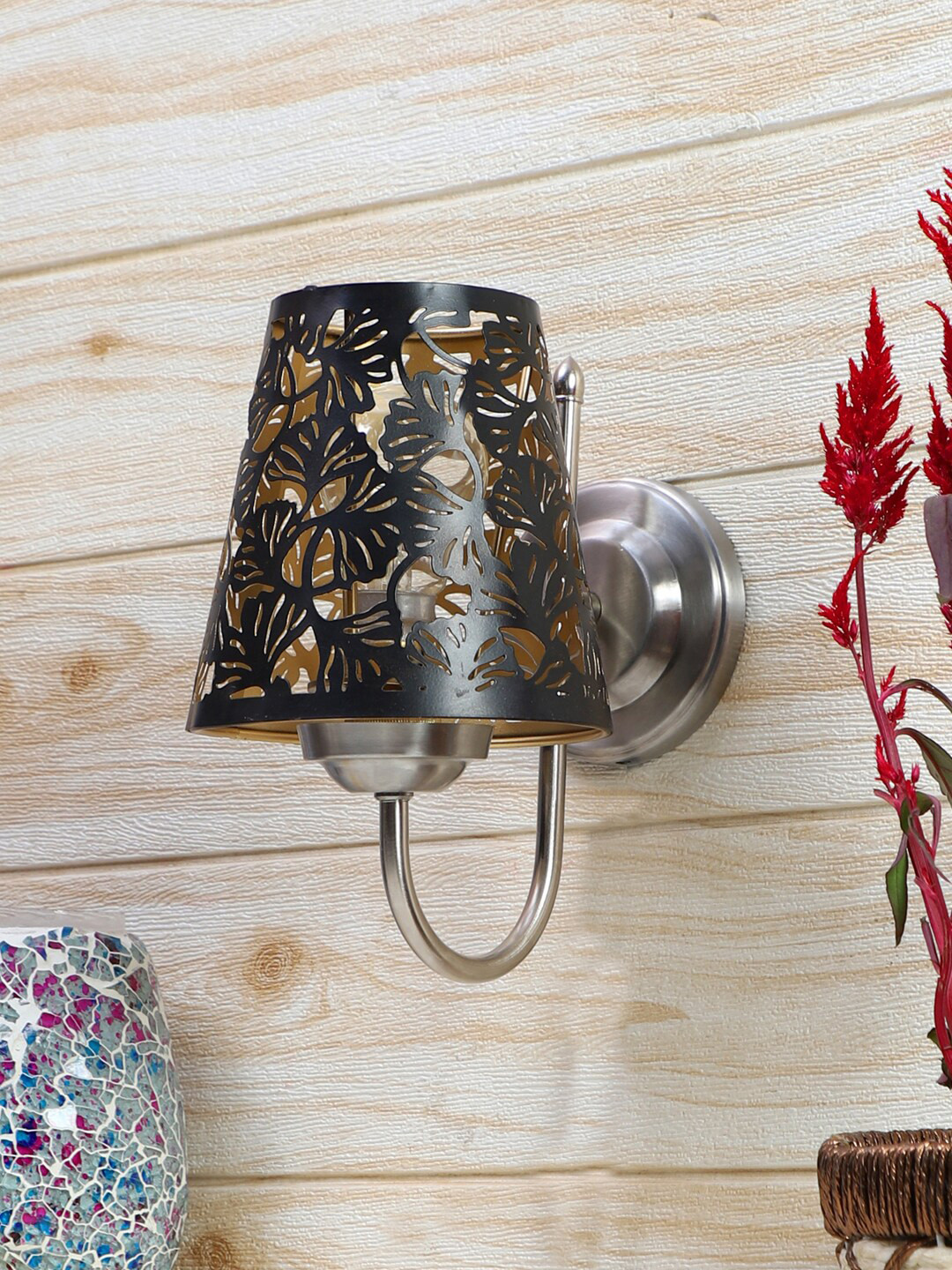 Devansh Etched Black & Steel-Toned Textured Flower Wall Mounted Lamp With Steel Base