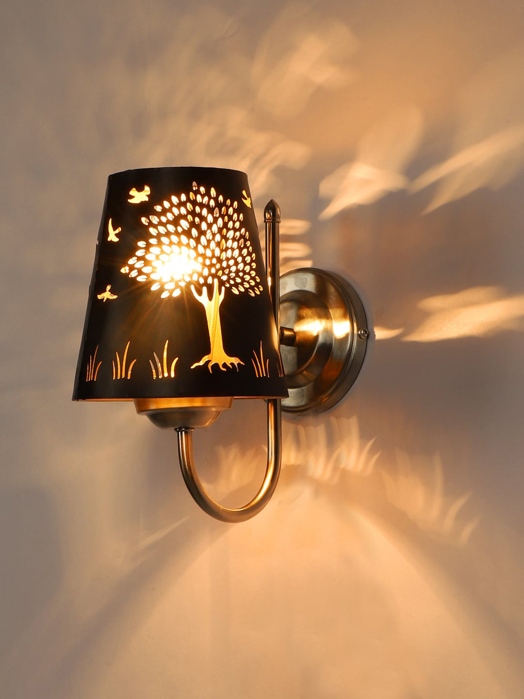 Devansh Etched Black & Steel-Toned Textured Tree Wall Mounted Lamp With Steel Base