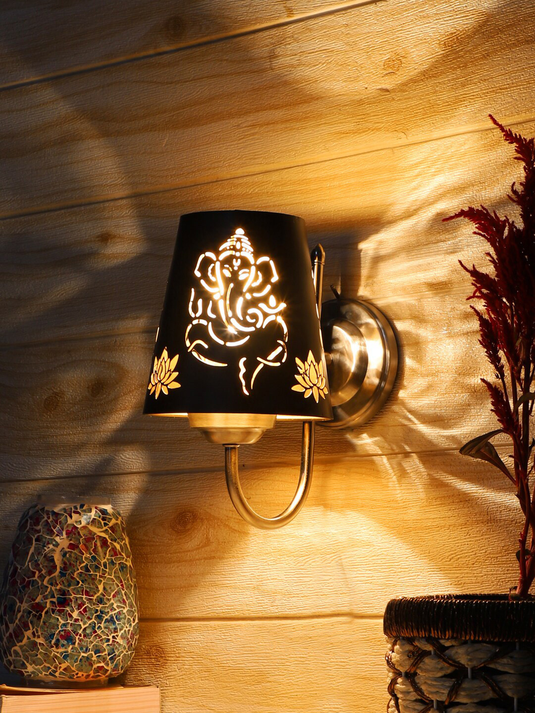 Devansh Etched Black & Steel-Toned Textured Ganesh Ji Wall Mounted Lamp With Steel Base