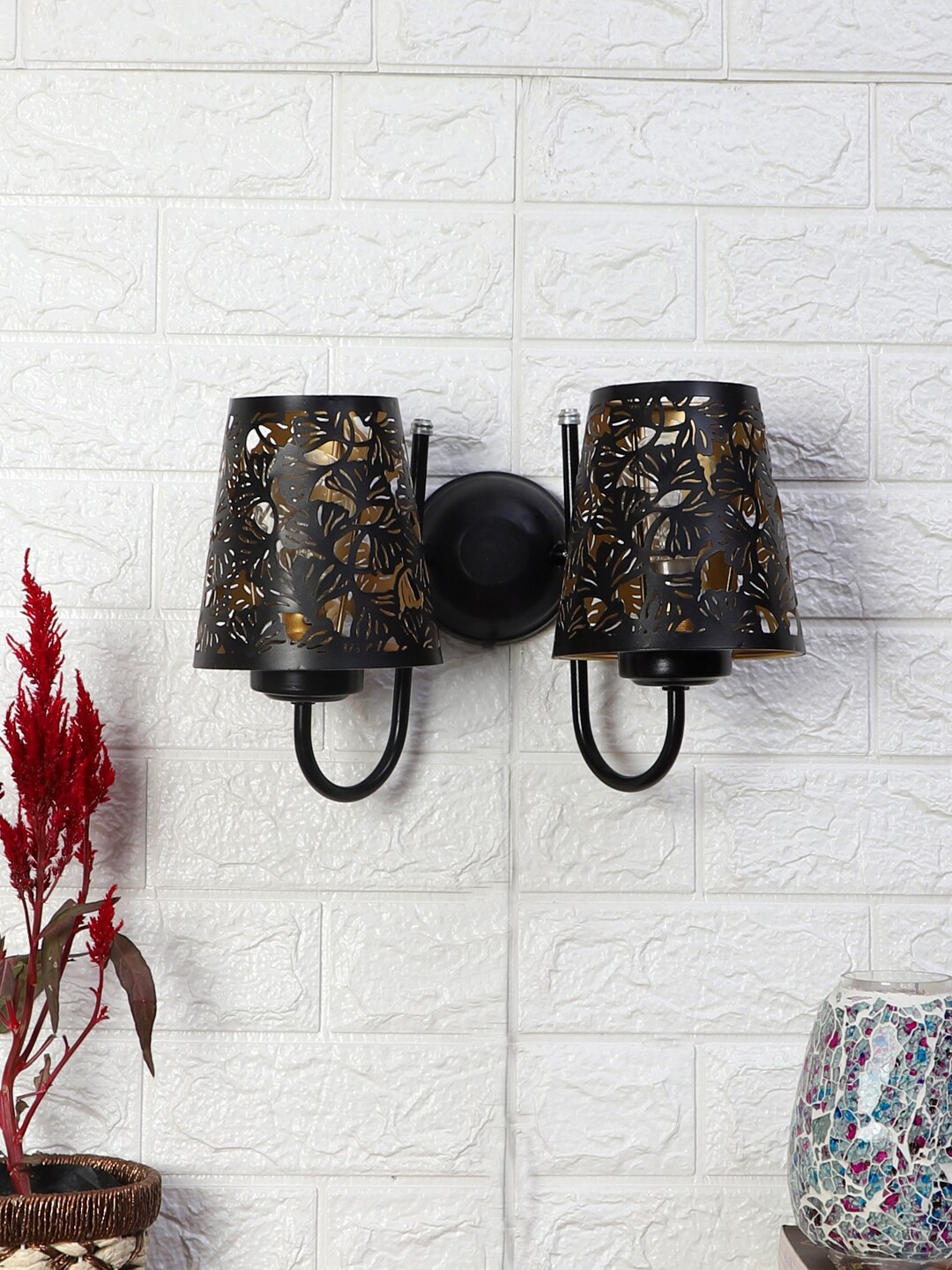 Devansh Black Wall Lamps Dual Etched Flower Wall Mounted Lamp With Iron Base