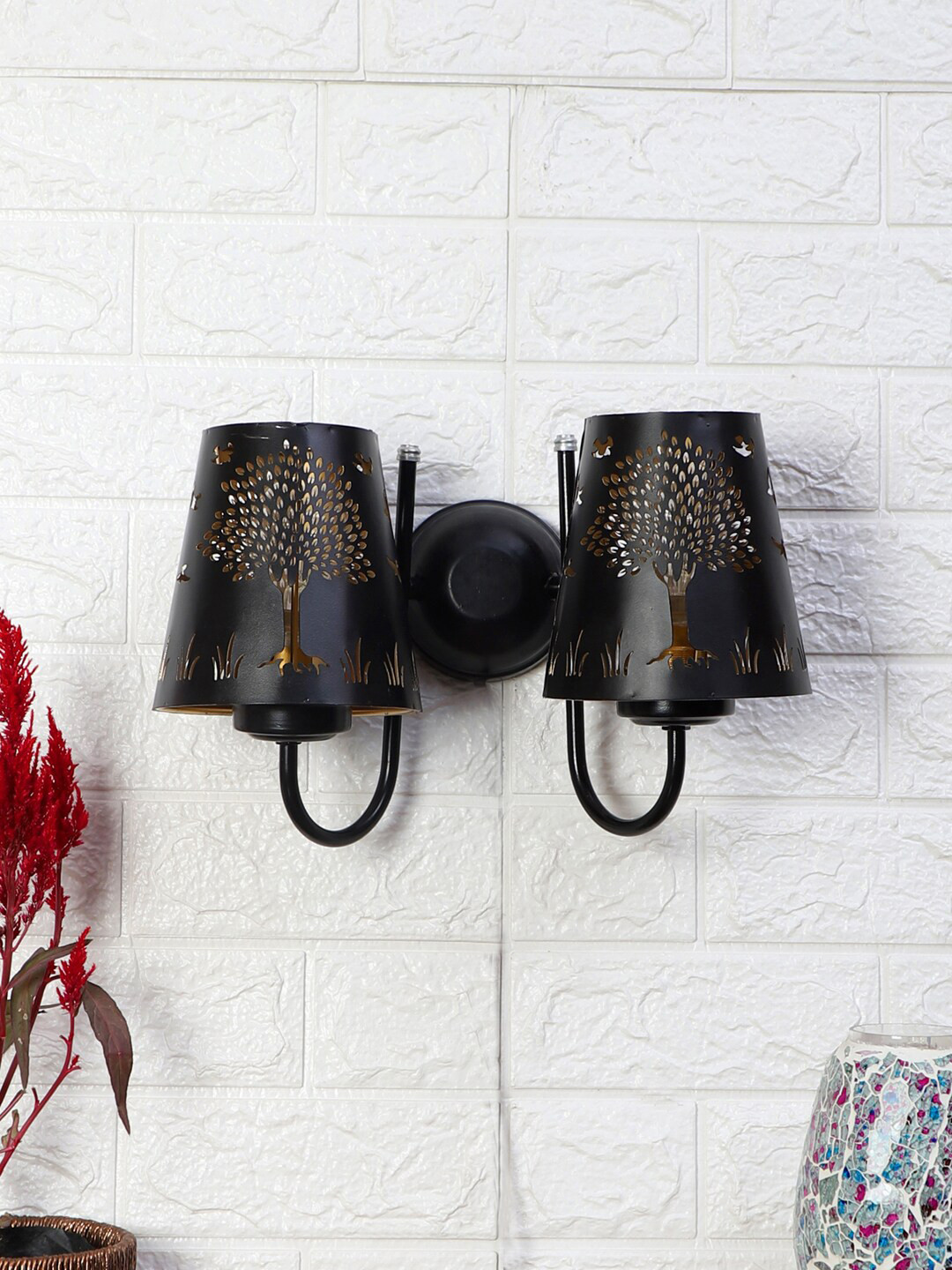 Devansh Black Textured Dual Etched Tree Wall Mounted Lamp With Iron Base