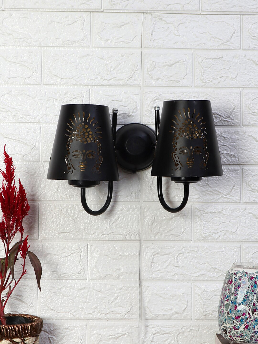 Devansh Black Dual Etched Flower Wall Mounted Lamp With Iron Base