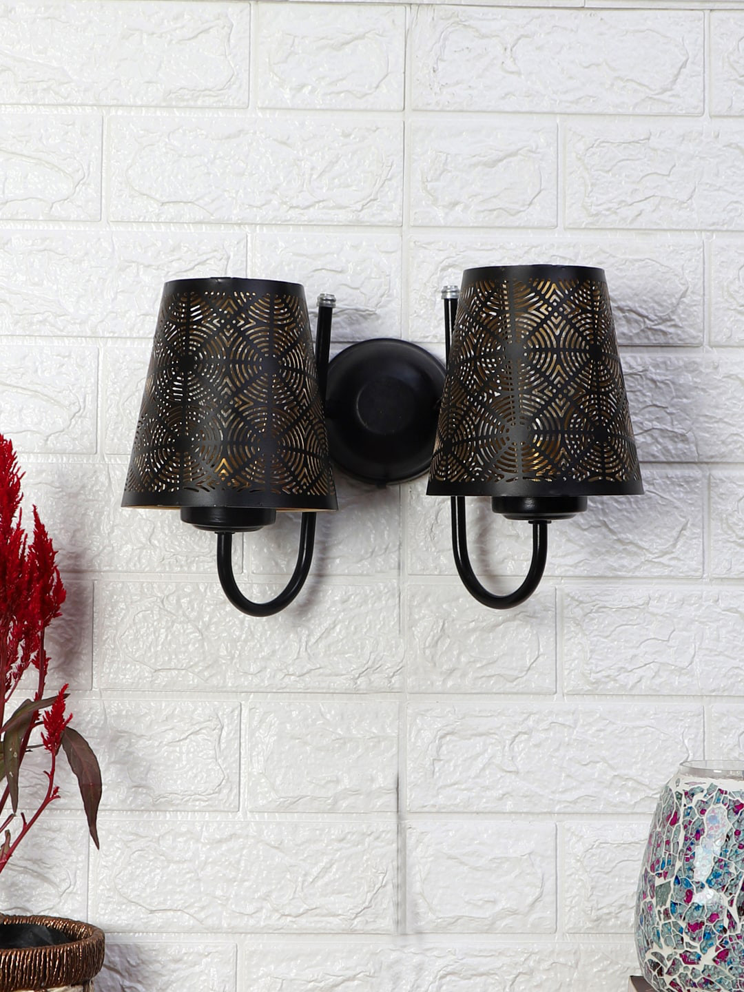 Devansh Black Textured Dual Etched Round Wall Mounted Lamp With Iron Base