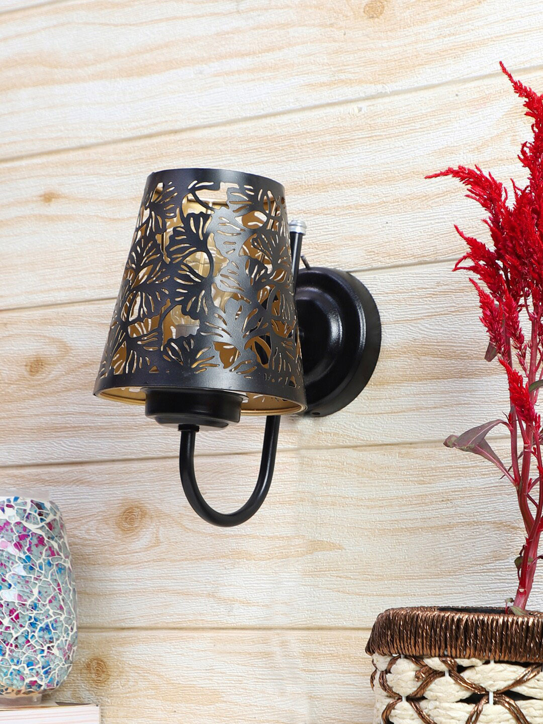 Devansh Black Etched Flower Wall Mounted Lamp With Iron Base