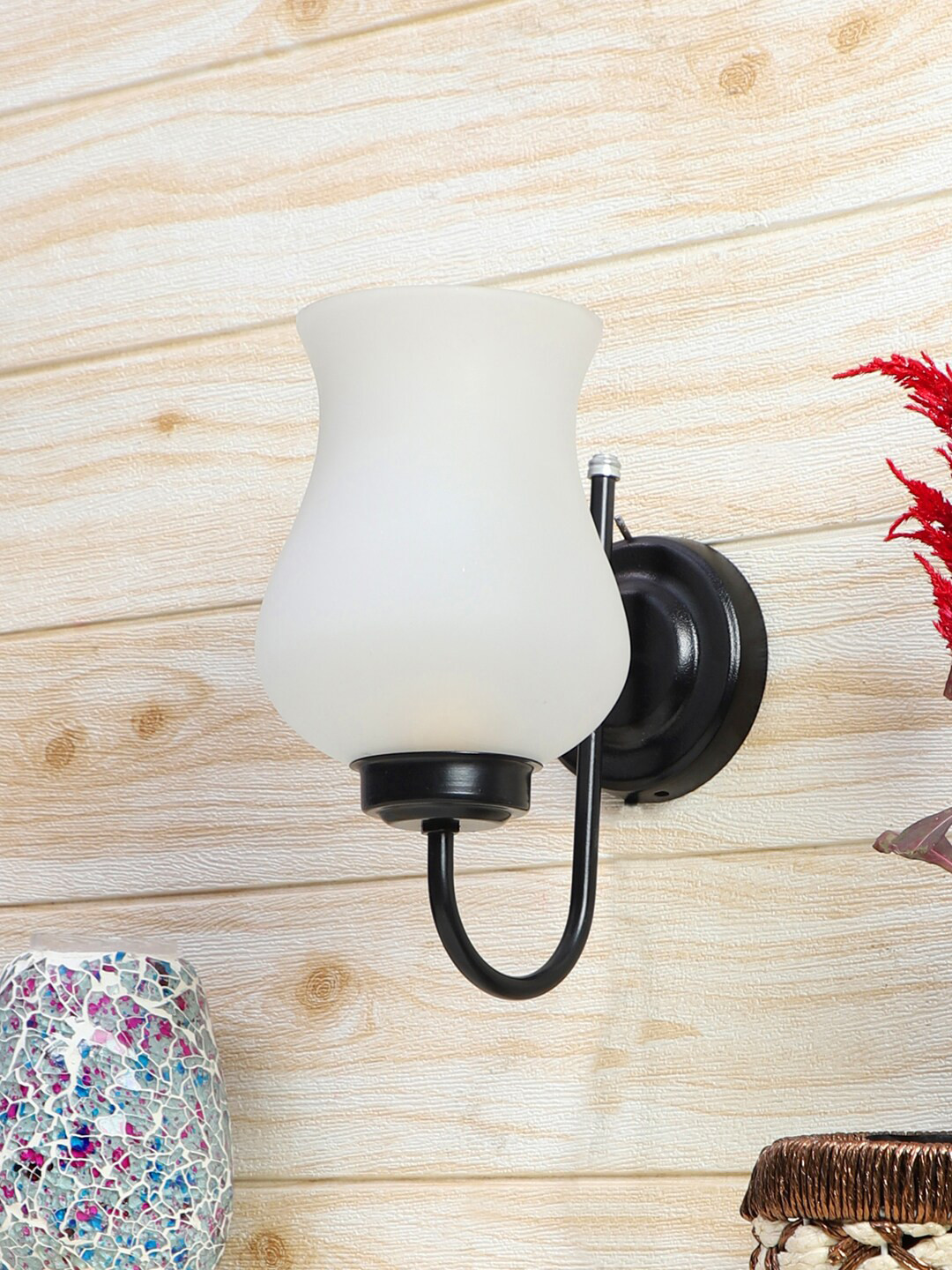 Devansh White & Black Milky Glass Wall Mounted Lamp With Iron Base