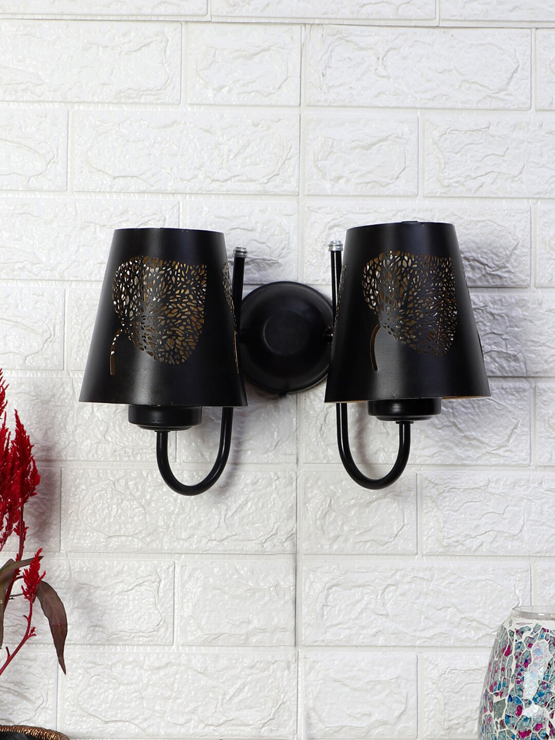 Devansh Black Dual Etched Leaf Textured Wall Mounted Lamp With Iron Base