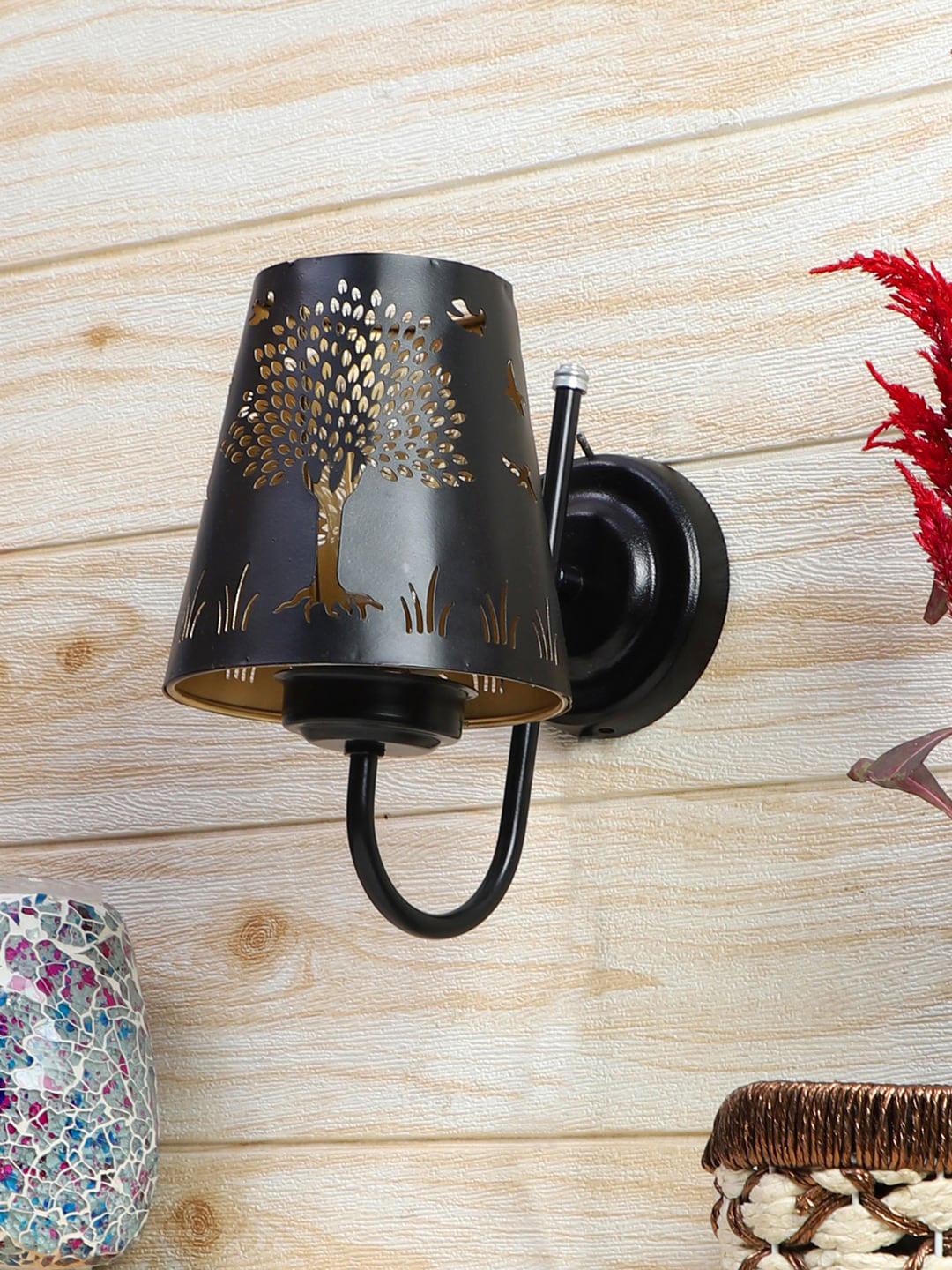 Devansh Etched Black Textured Tree Wall Mounted Lamp  With Iron Base