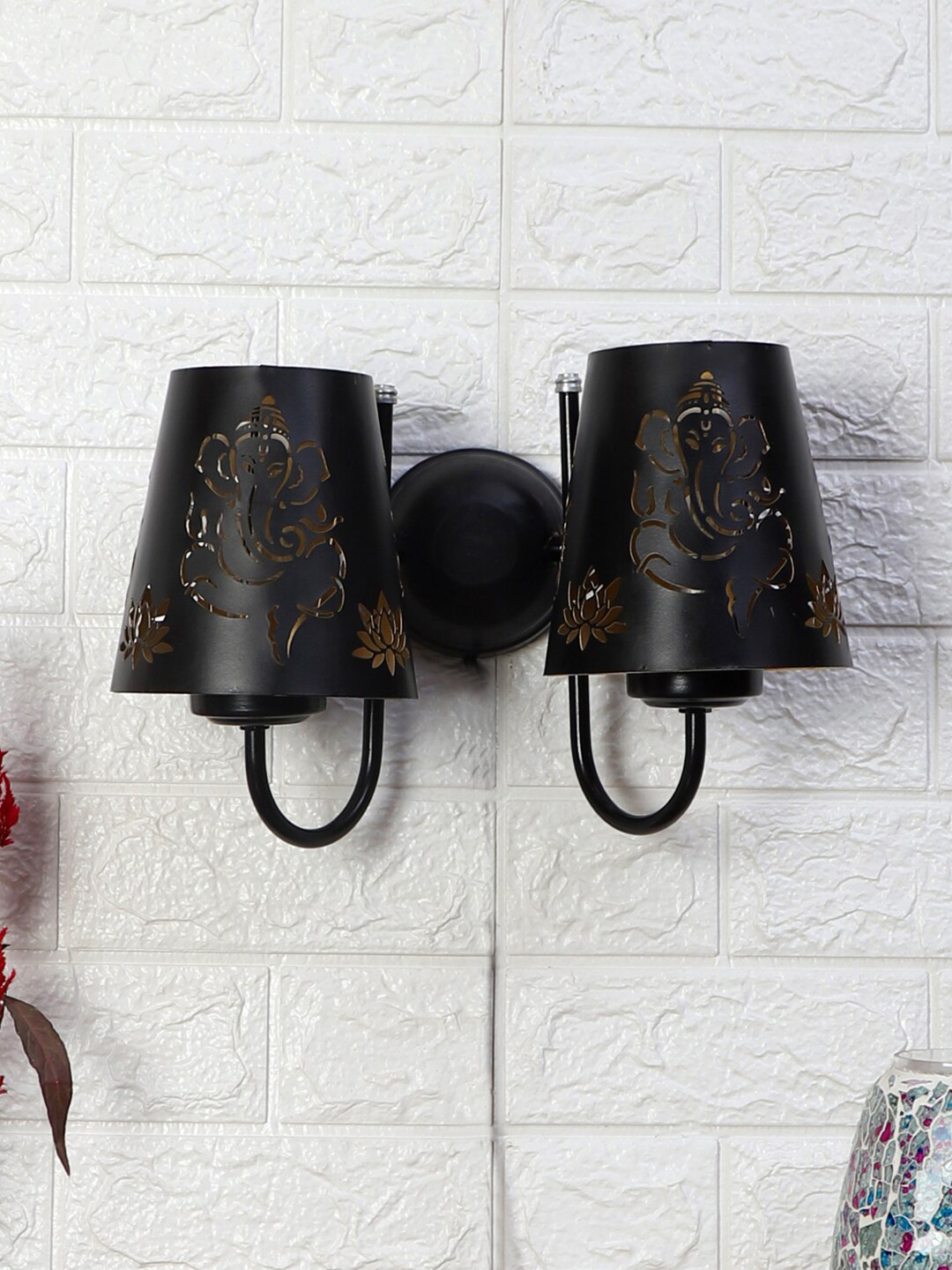 Devansh Black Dual Etched Ganesh Ji Wall mounted Lamp With Iron Base