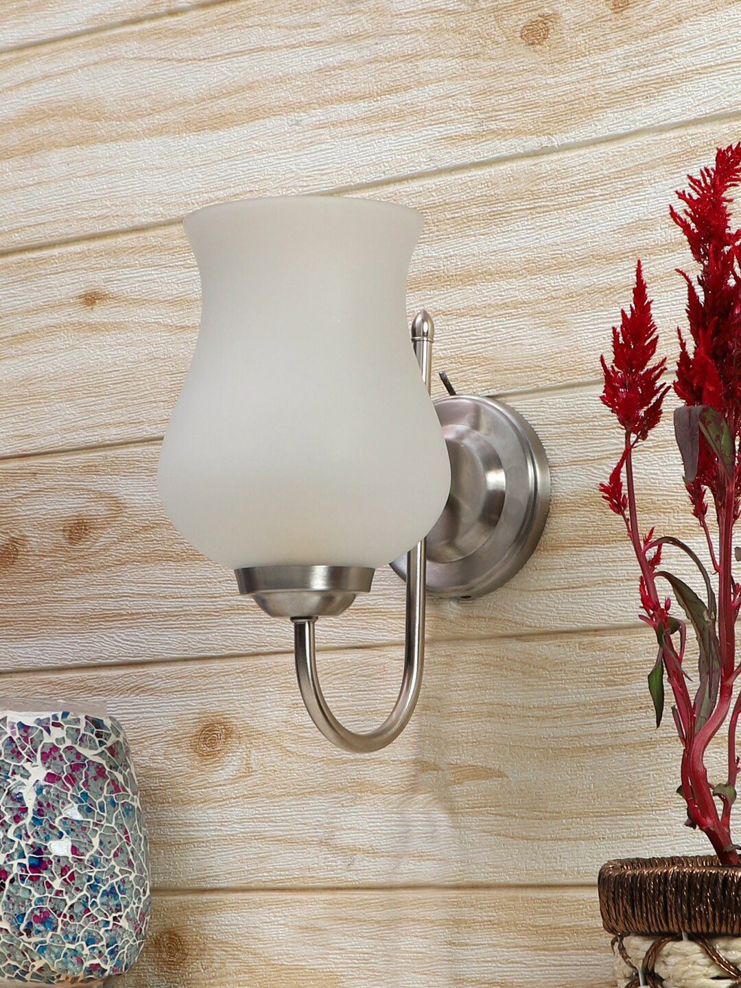 Devansh White & Steel-Toned Mounted Wall Lamp With Glass Shade