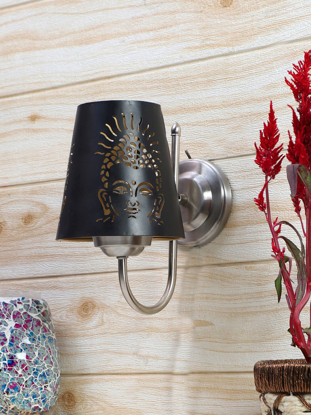 Devansh Black Buddha Ji Etched Wall Mounted Lamp With Steel Base
