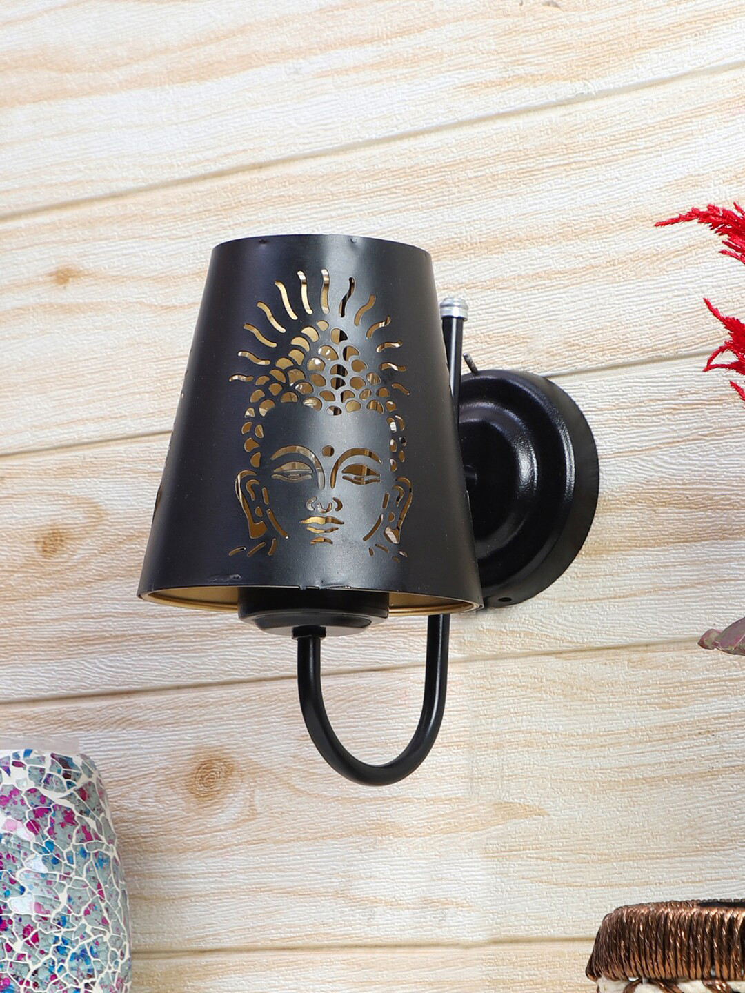 Devansh Black Etched Buddha Ji Textured Wall Mounted Lamp With Iron Base