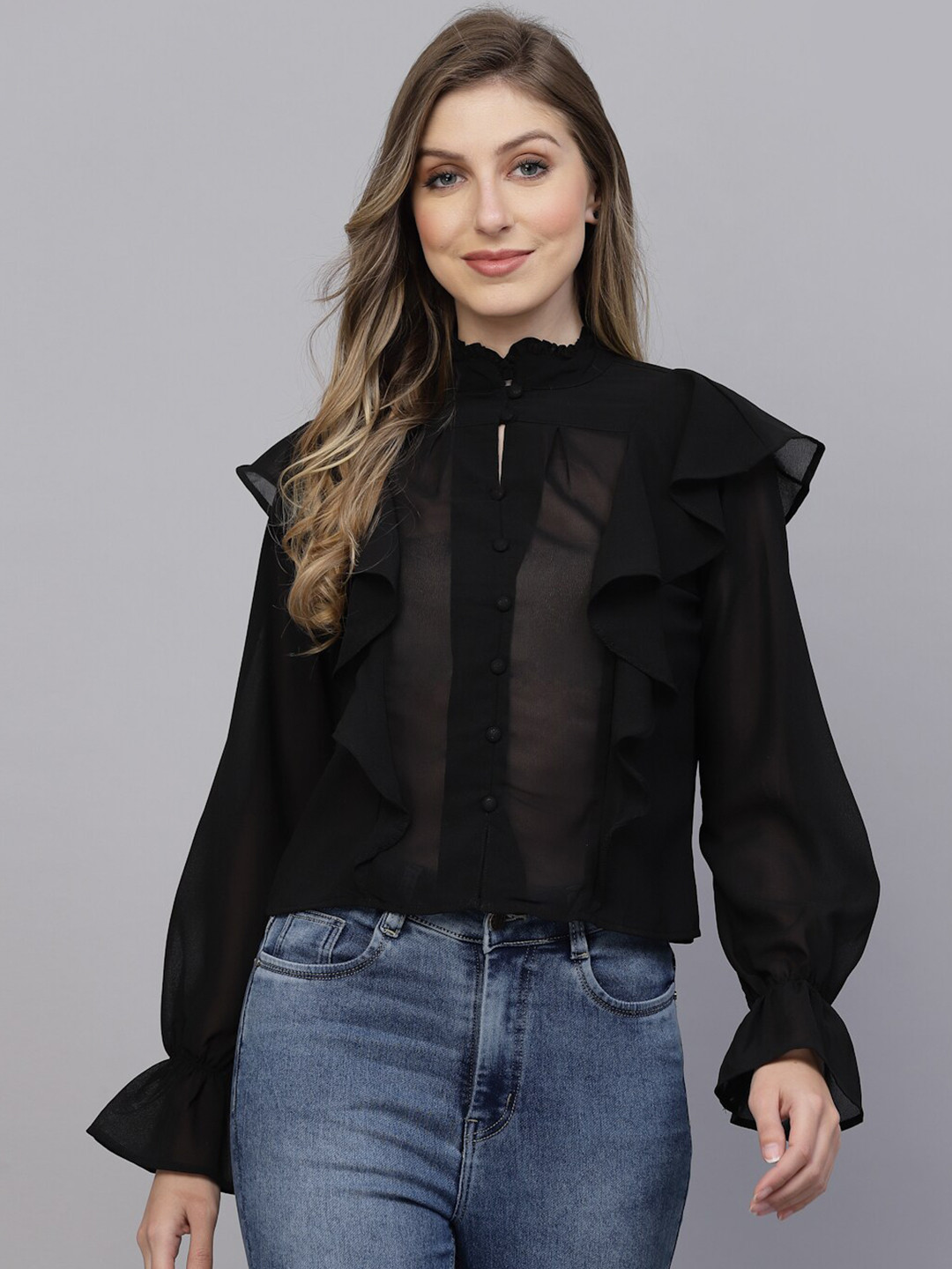 aayu High Neck Sheer Ruffles Georgette Shirt Style Top