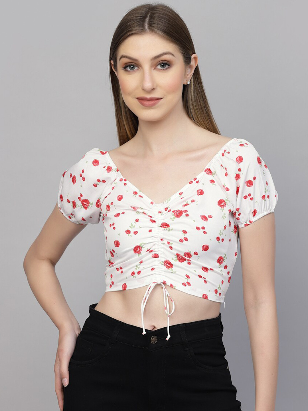 aayu Floral Printed Puff Sleeves V-Neck Ruched Fitted Crop Top
