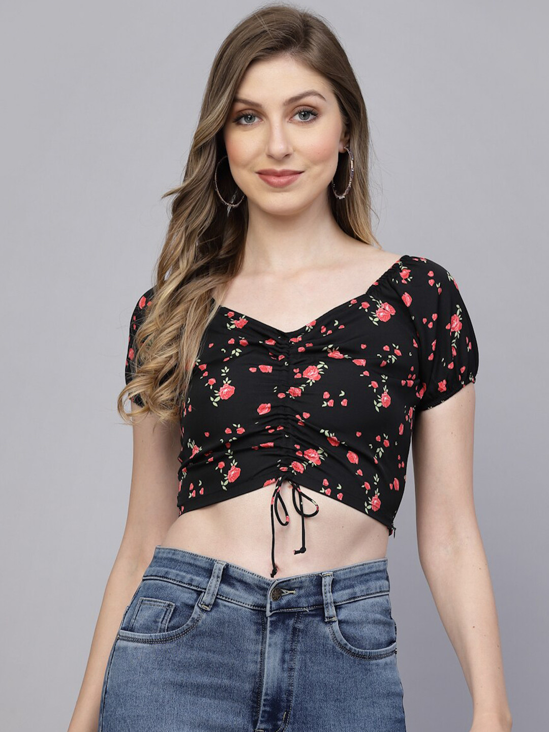 aayu Floral Printed Crepe Fitted Crop Top