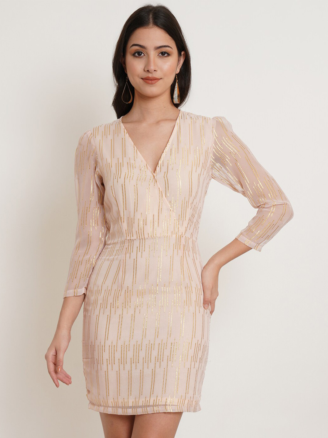 Purple State Sequined Embellished Puff Sleeves Mini Wrap Dress