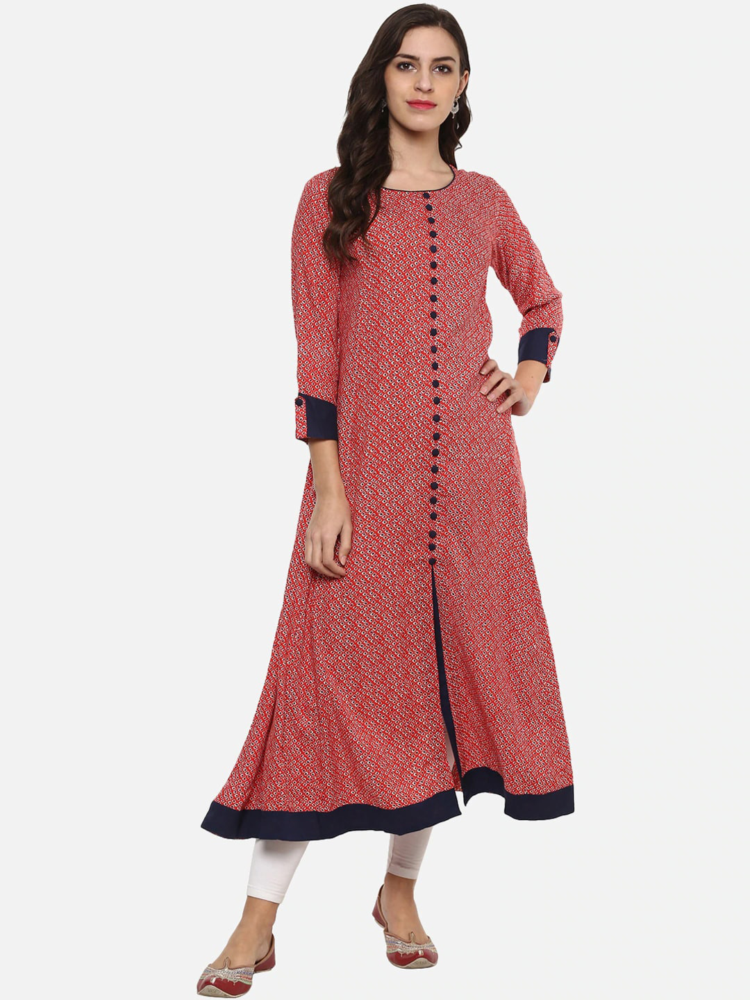 YASH GALLERY Geometric Printed A-Line Round Neck Roll-Up Sleeves Kurta