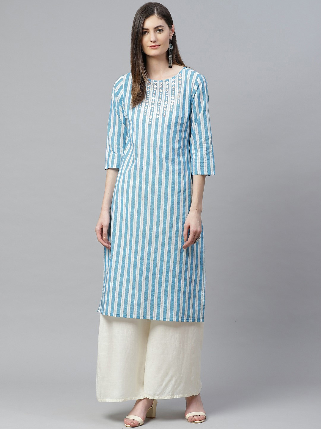 YASH GALLERY Striped Printed Cotton Straight Kurta