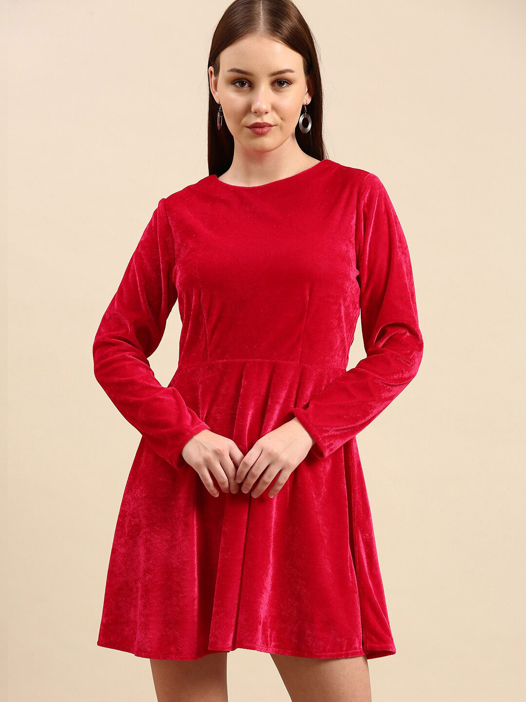 DODO & MOA Boat Neck Velvet Long Sleeves A-Line Dress