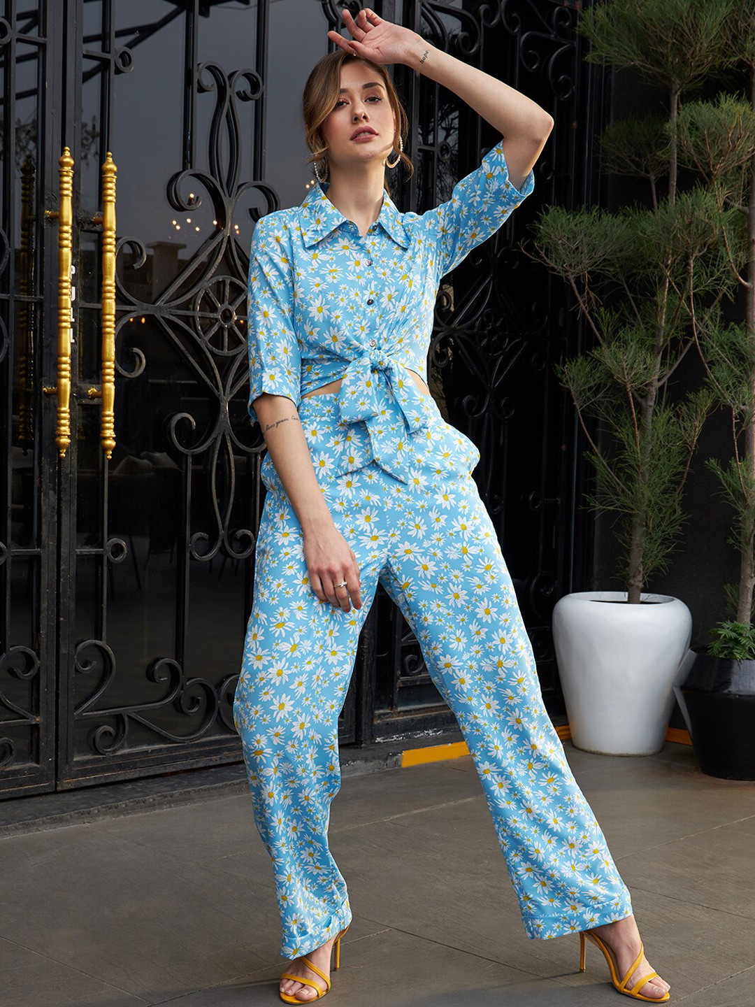 Athena Women Sunflower Printed Front Knotting Top & Trousers Co-Ord Set