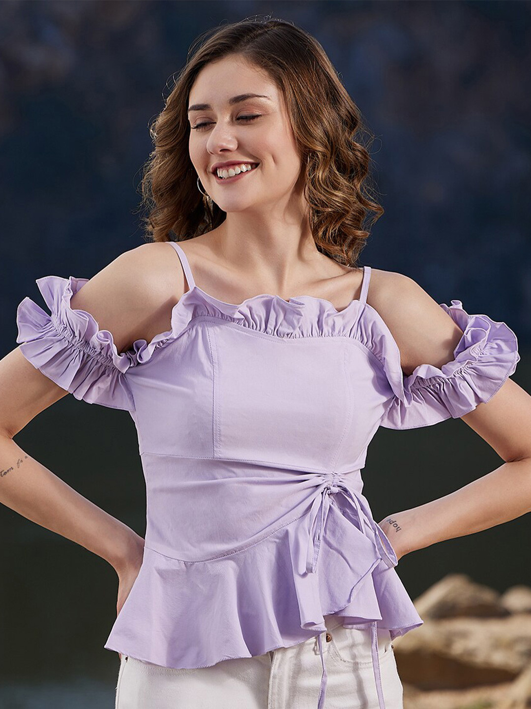 Athena Cinched Waist Off Shoulder Frill Top