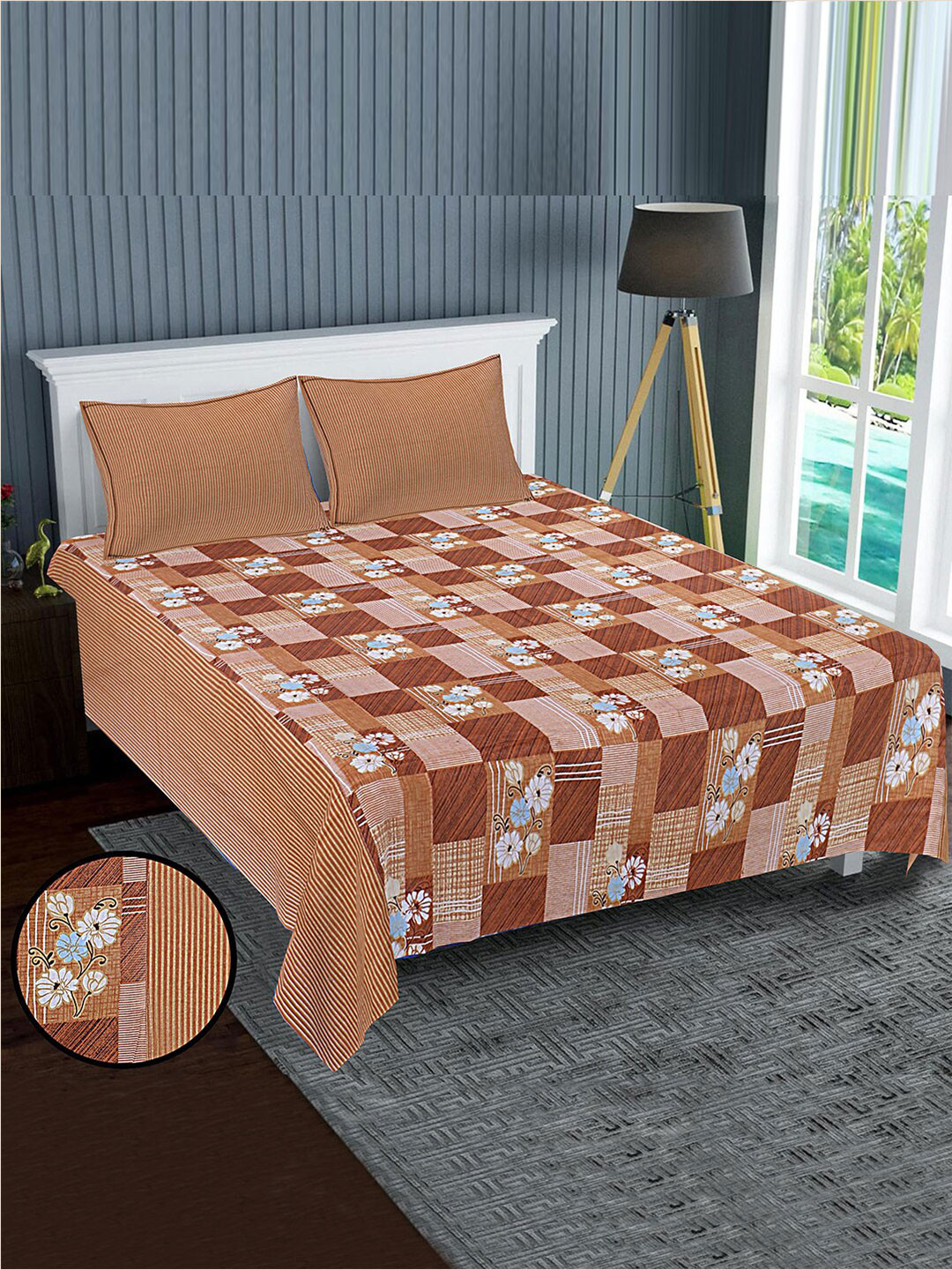 Kuber Industries Christie Brown Floral Cotton 120 TC King Bedsheet with 2 Pillow Covers-228 x 87 cm