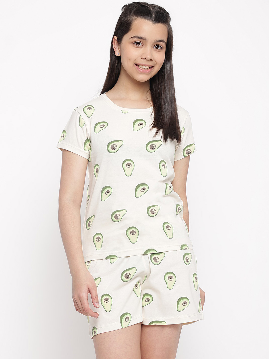 Lil Tomatoes Girls Cream Conversational Printed Night Suit