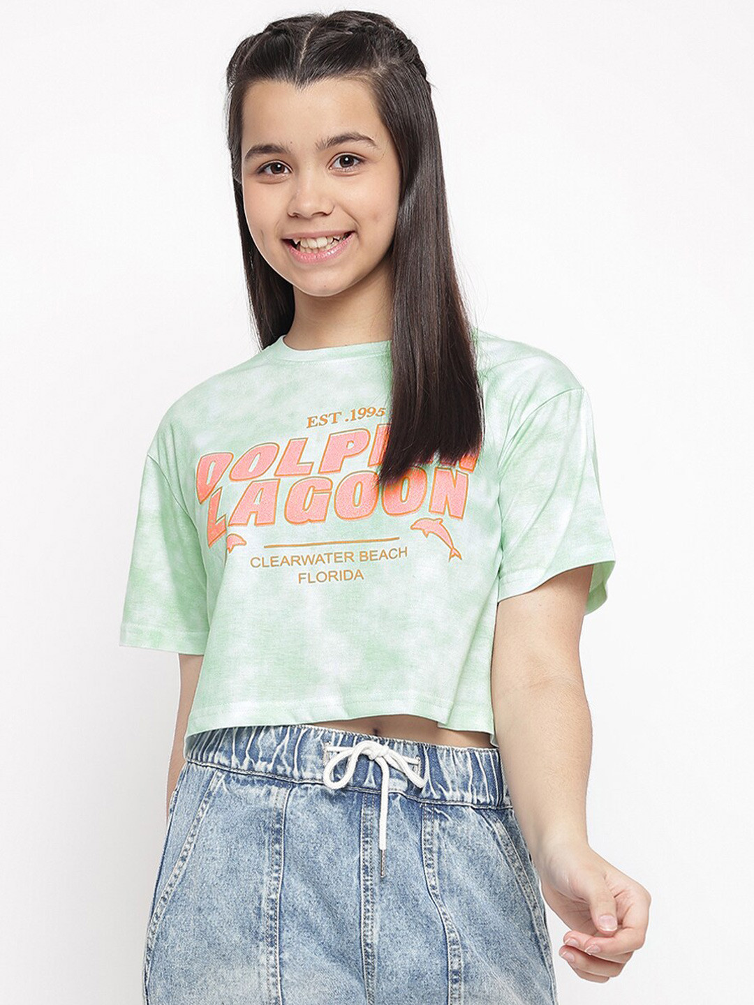 Lil Tomatoes Green Typography Printed Drop-Shoulder Sleeves Crop Top