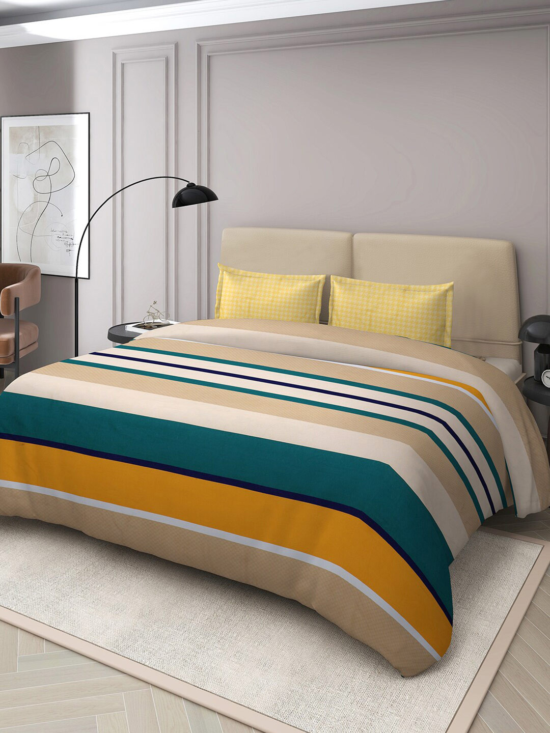 Nendle Yellow Striped Cotton 210 TC Queen Bedsheet with 2 Pillow Covers-90 x 90 inches