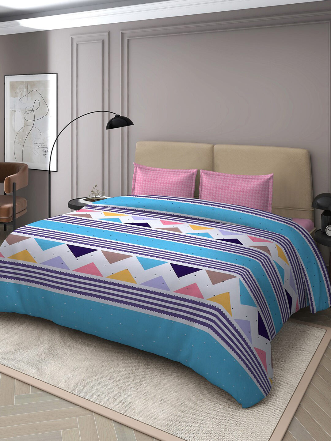 Nendle Turquoise Blue Geometric Cotton 180 TC Queen Bedsheet with 2 Pillow Covers-90 x 90 inches