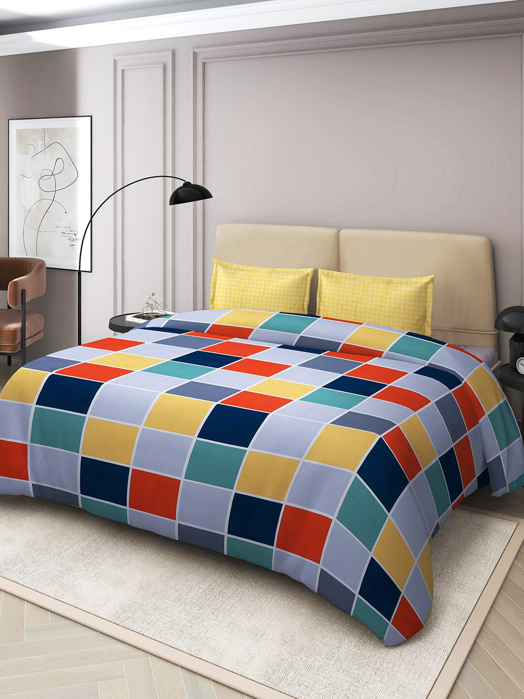 Nendle Yellow Checked Cotton 210 TC Queen Bedsheet with 2 Pillow Covers-90 x 90 inches