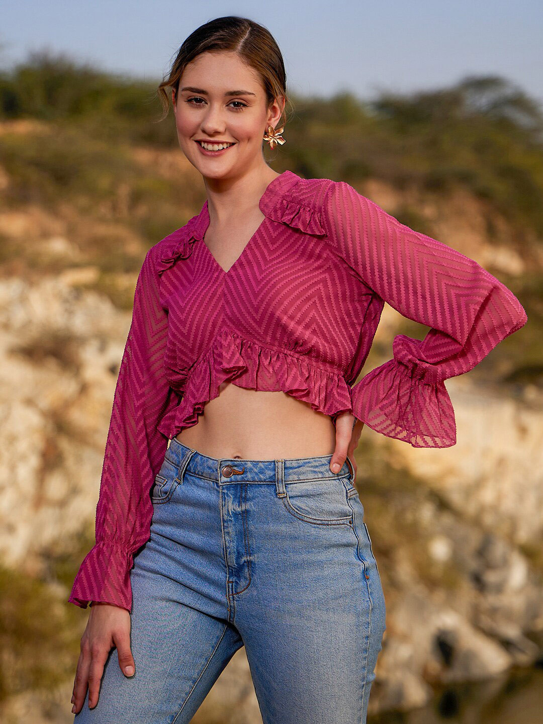 Athena Georgette Blouson Ruffle Crop Top