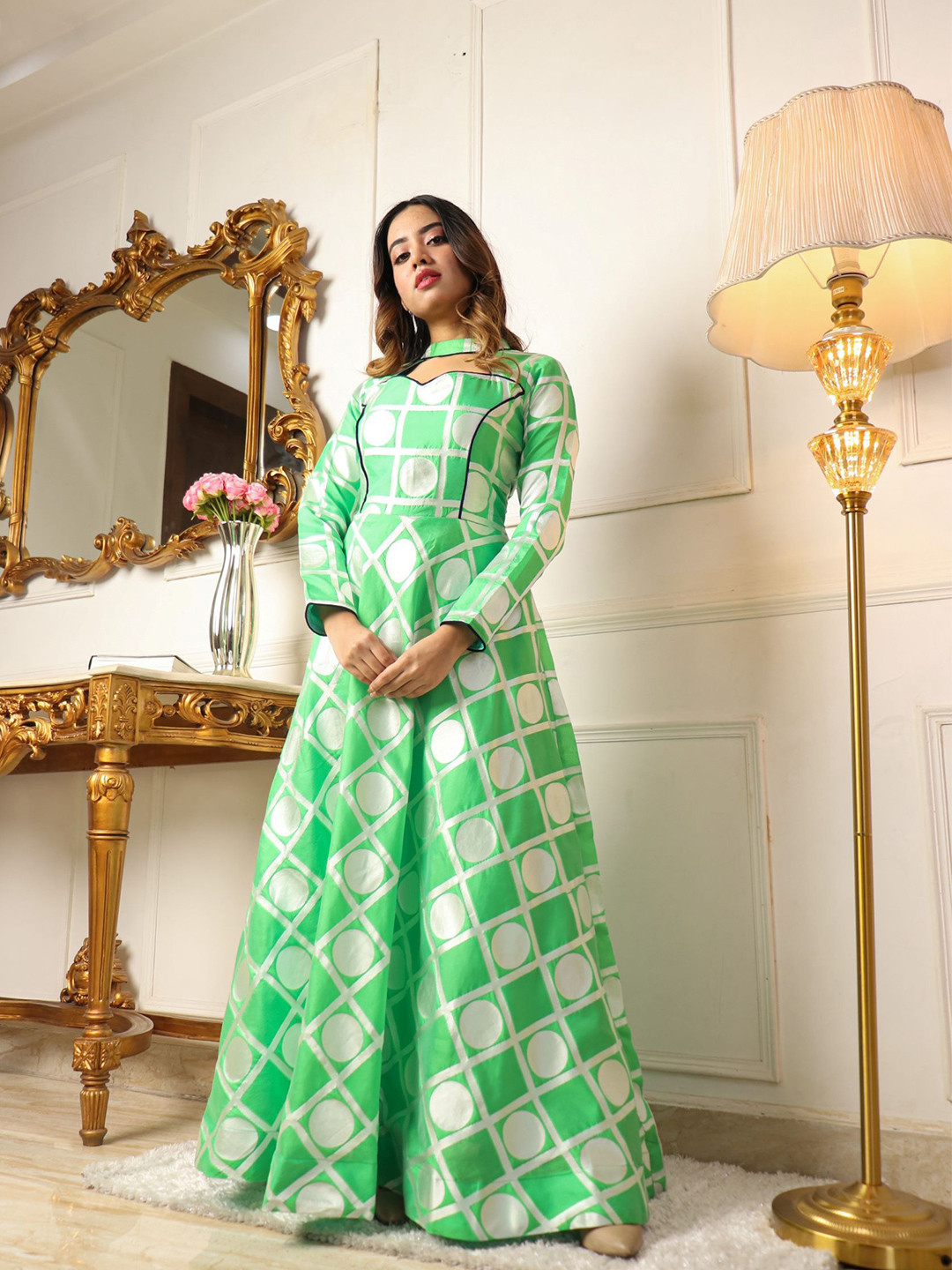 Vidraa Western Store Choker Neck Geometric Printed Jacquard Maxi Gown Dress