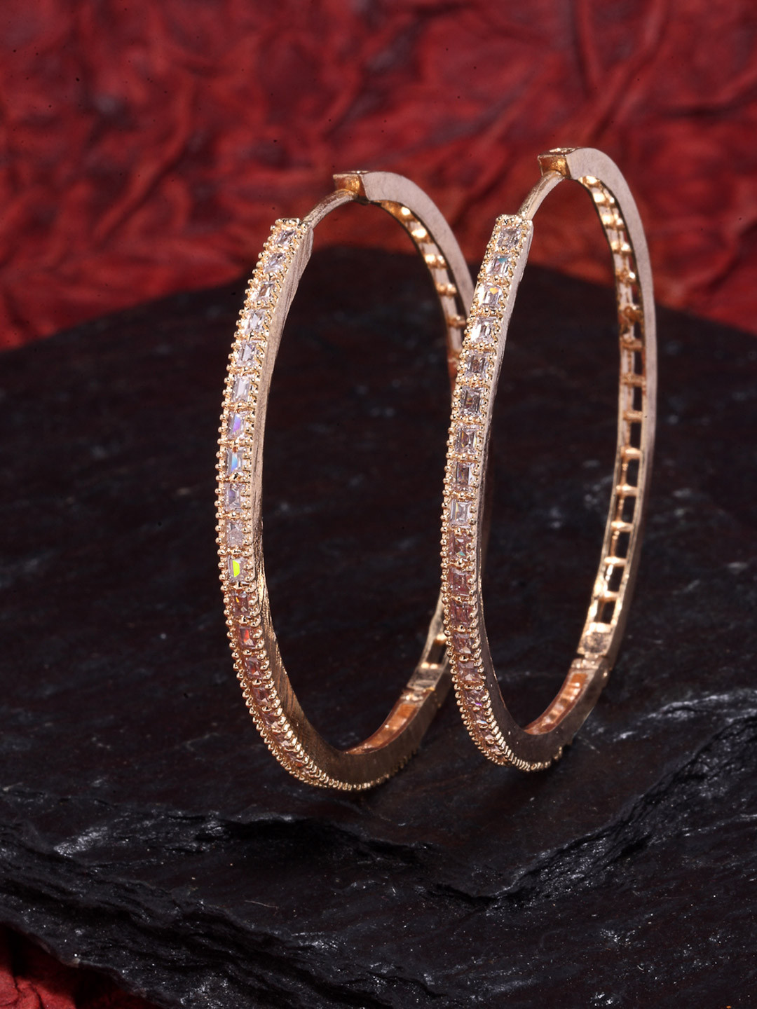 ZENEME Rose Gold-Plated Circular American Diamond Hoop Earrings