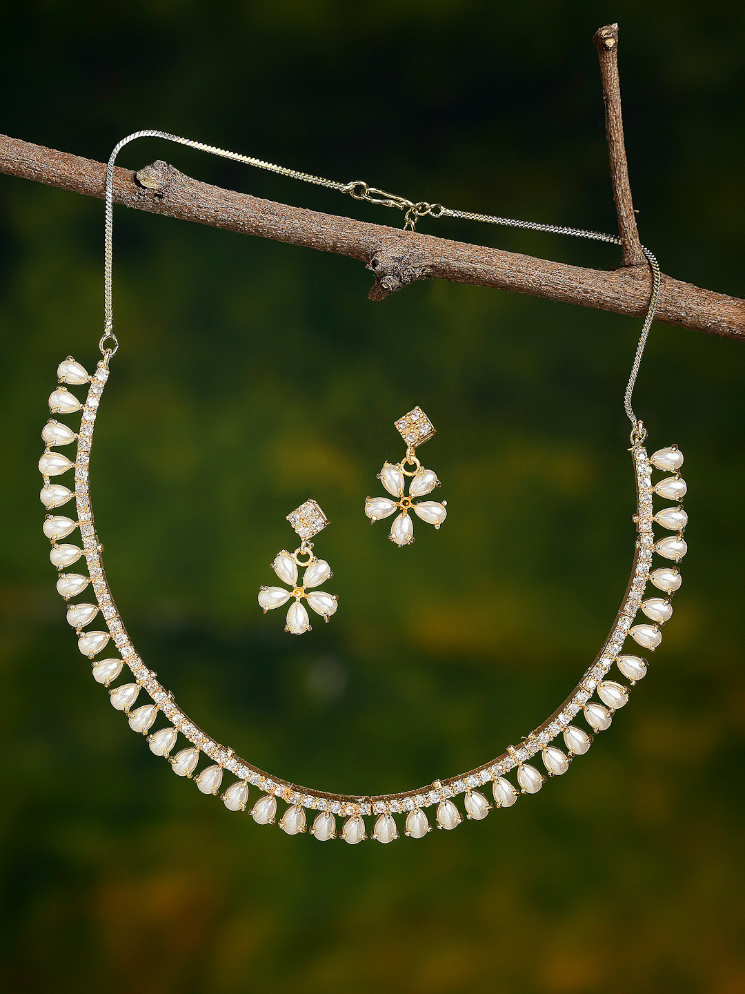 ZENEME Floral Gold-Plated Pearl Studded Jewellery Set