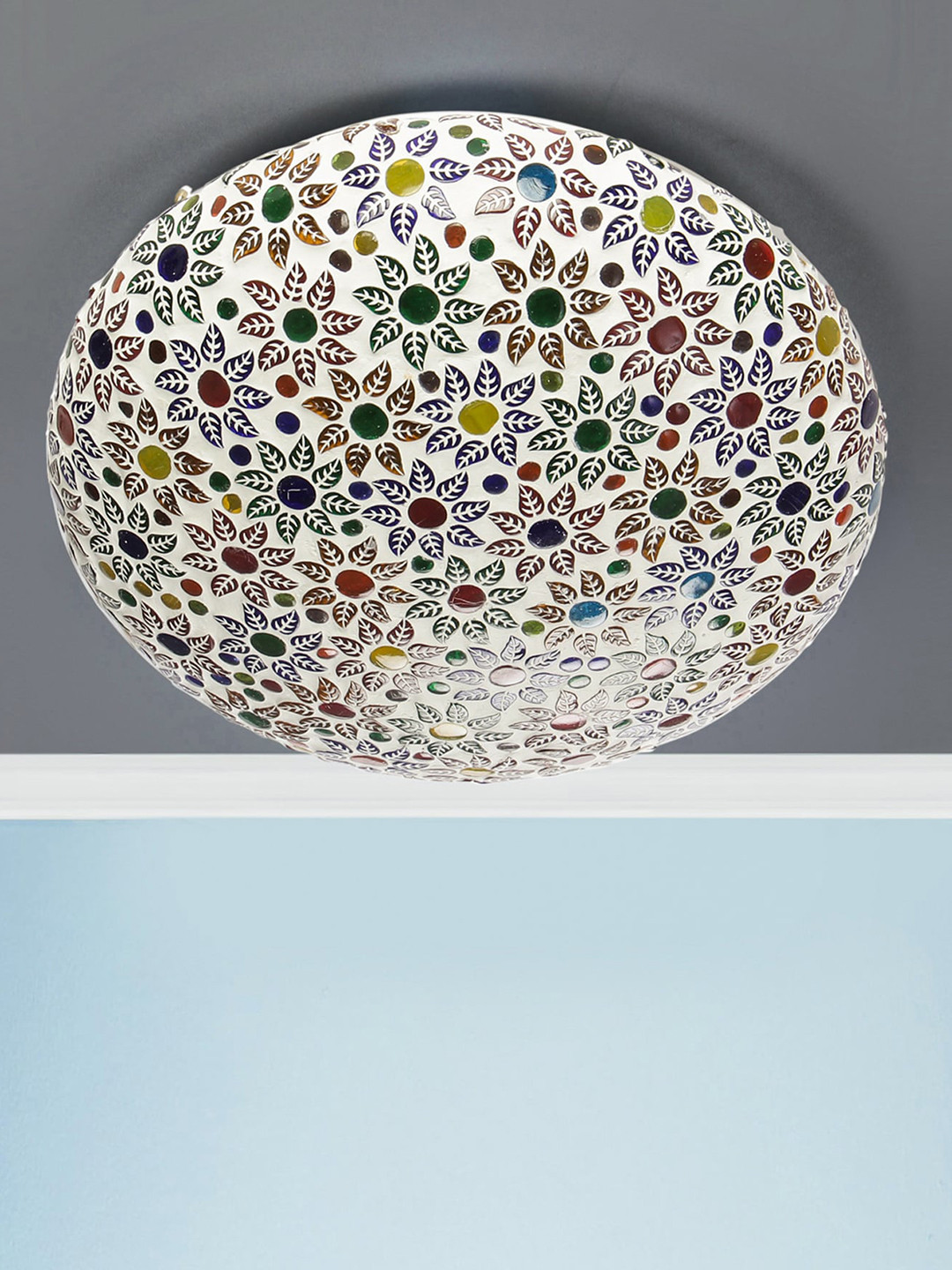 Devansh White & Red Floral Textured Mosaic Glass Flush Mounted Lamp With Iron Base