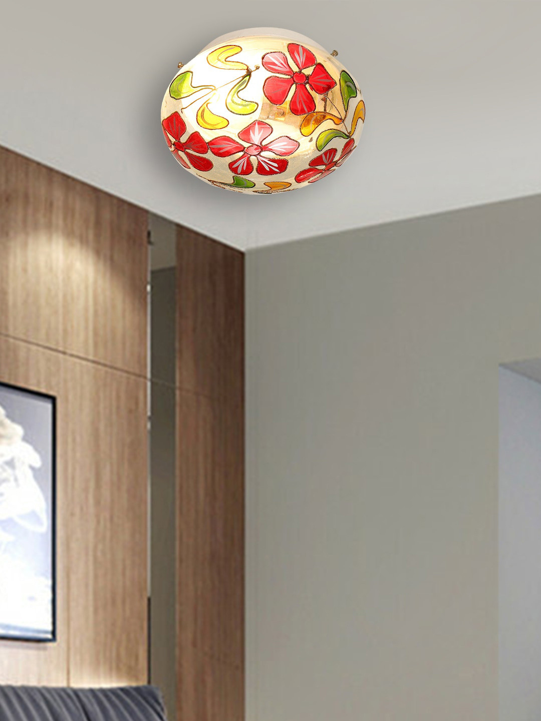 Devansh White & Orange Floral Design Mosaic Glass Flush Mounted Lamp With Iron Base