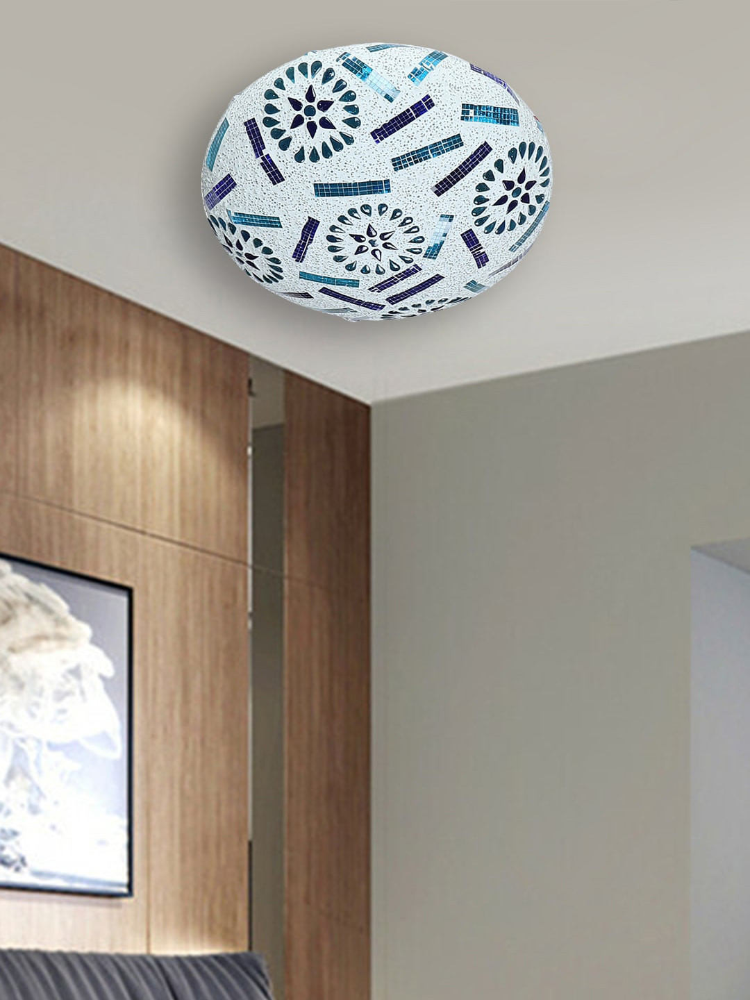 Devansh White & Blue Textured Mosaic Glass Flush Mounted Lamp With Iron Base
