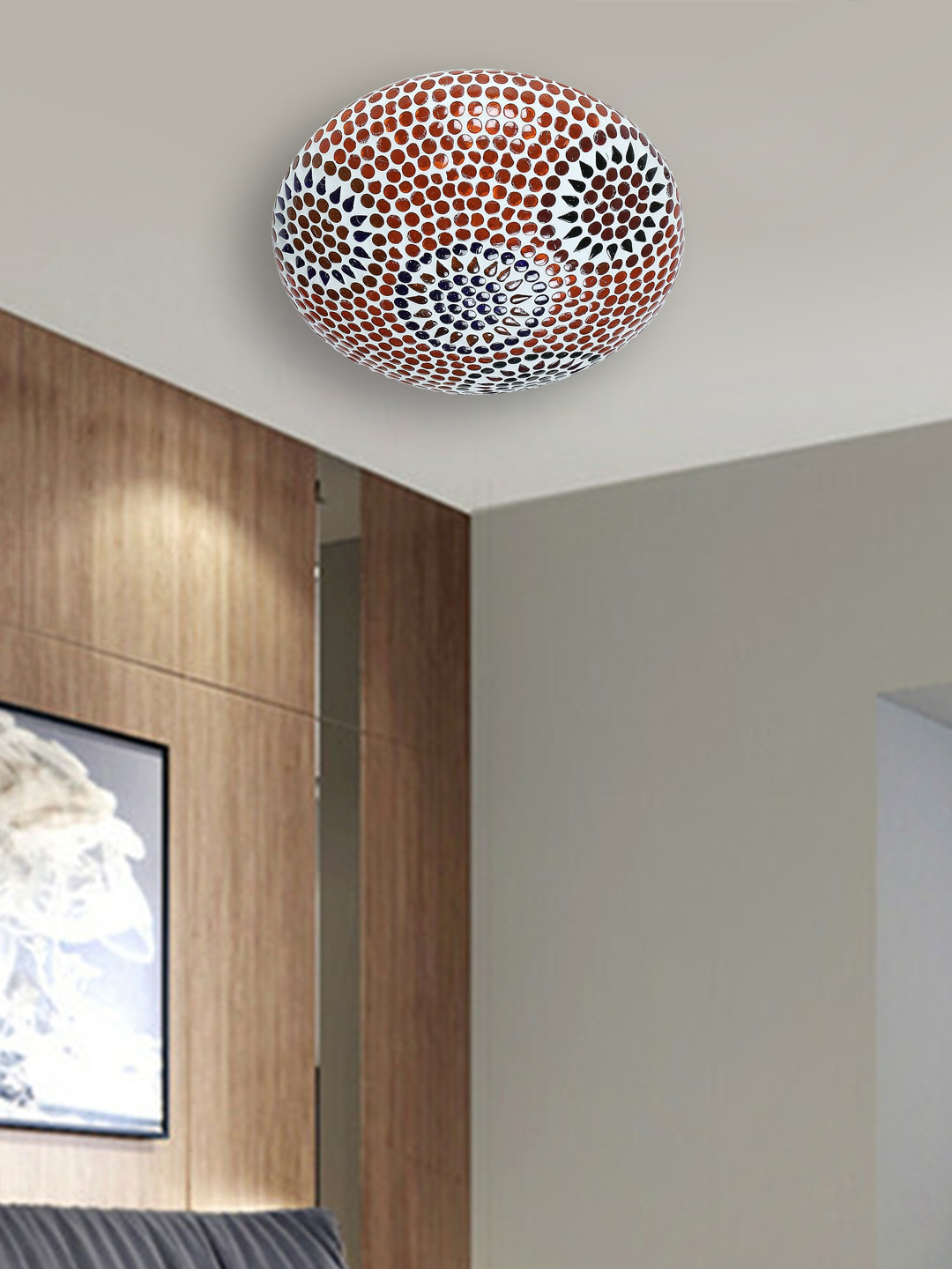 Devansh Blue & Red Textured Mosaic Glass Flush Mounted Lamp With Iron Base