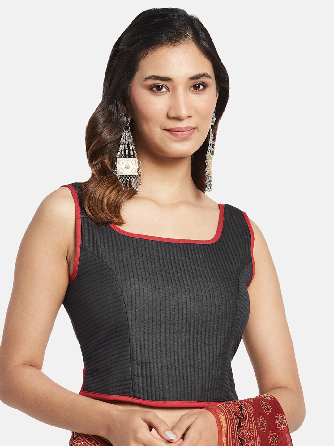Fabindia Self-Design Square Neck Sleeveless Saree Blouse
