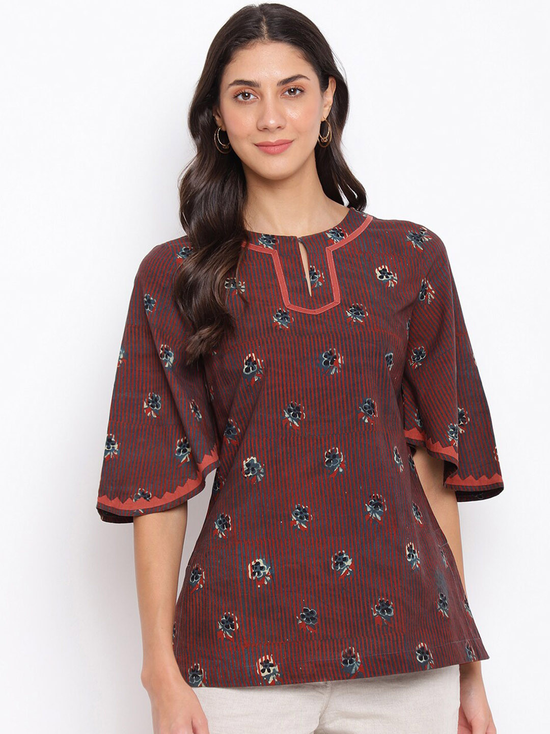 Fabindia Ethnic Motifs Embroidered Keyhole Neck Kurta